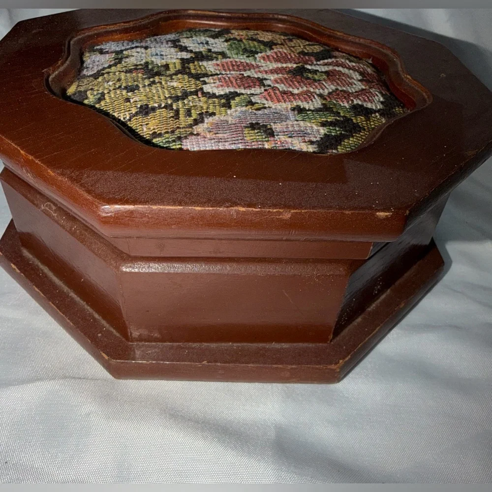 Vintage Octagon Wood Jewelry Box | Floral Needlepoint Lid & Mirror